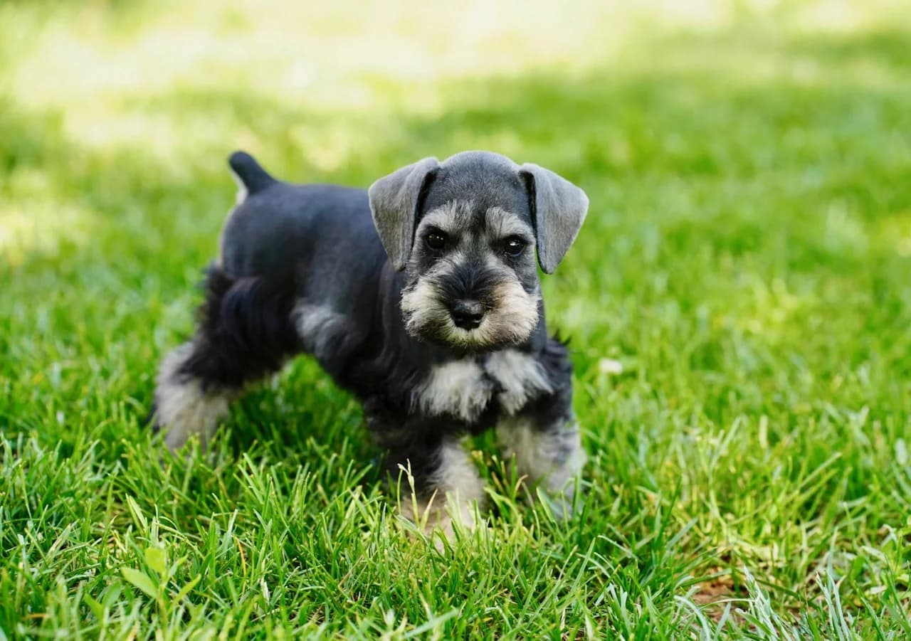 Salt and pepper miniature schnauzer puppy in the grass