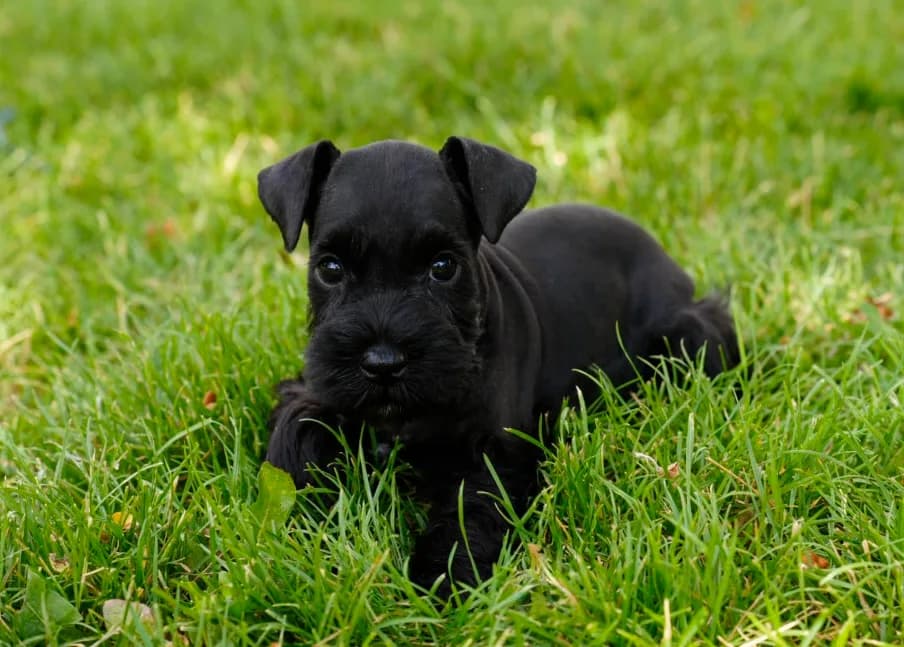 A black miniature schnauzer puppy lying in the grass