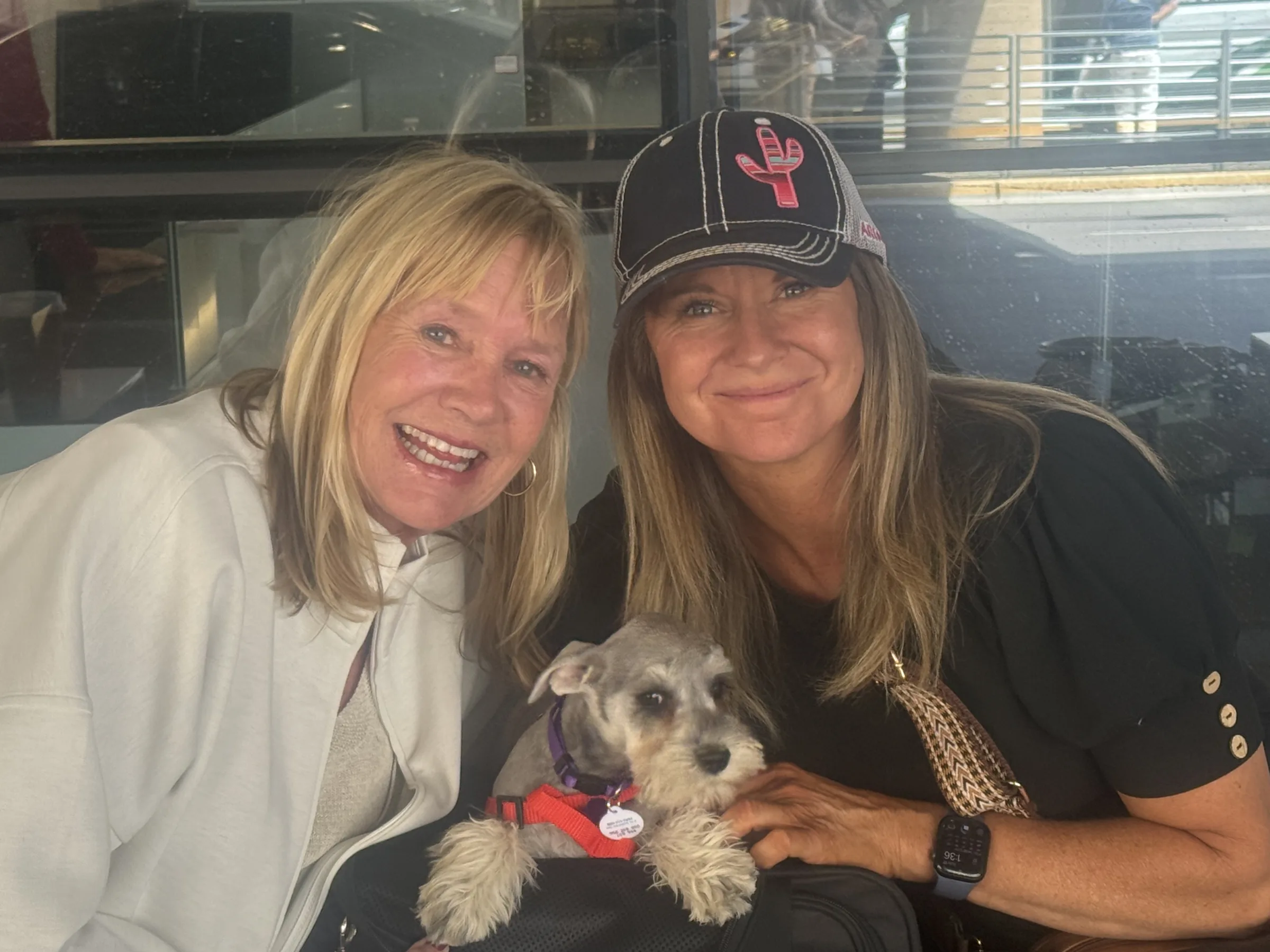 Two women holding a miniature schnauzer